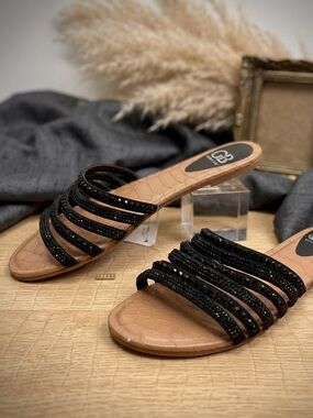 Gianni Bini Black Rhinestone Strappy Slide Sandals